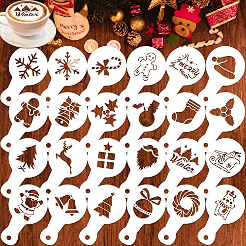 Qpout 24 Stück Frohe Weihnachten Plätzchen Kaffee Schablonen Backschablonen, wiederverwendbare waschbare Kuchen Süßigkeiten Zeichenvorlagen, Schnee Lebkuchenmann Dekoration Malform Sprühwerkzeuge