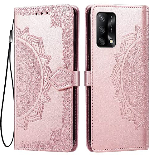 HONLEN Hülle für Oppo A74 (4G) Handyhülle, (6.43 Inches) Premium PU Leder Wallet Magnetverschluss Flip Case mit 3 Kartenfach,Mandala Muster Case Roségold