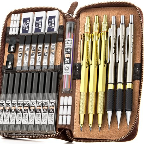 Nicpro 30 Pièces Porte-Mines Artistiques un étui Cuir, Criterium Dessin en Métal 0,5, 0,7, 0,9, 2 mm avec 15 tubes Recharges Mine(4B 2B HB 2H 4H), pour l'écriture, l'esquisse