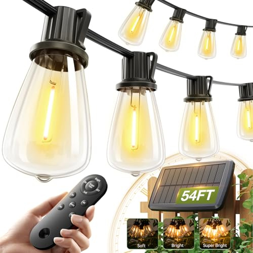 addlon 52(48+4) FT Solar String Lights Waterproof,Patio Lights Solar Powered with Remote & USB Port 16+1 LED Shatterproof Bulbs 3 Light Modes, Dimmable Solar Light for Camping Backyard Garden