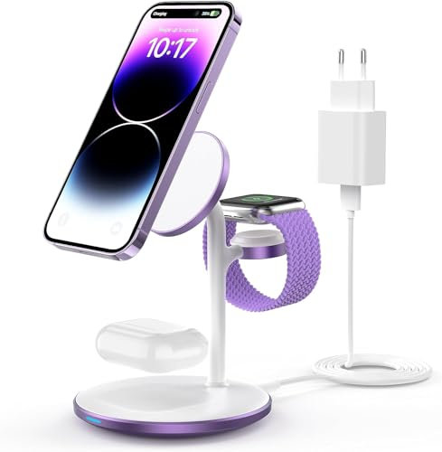 Estación de Carga inductiva, Cargador de estación de Carga inalámbrico 3 en 1, inalámbrico Compatible con mag Safe para iPhone 16 15 14 Pro MAX/Plus Apple Watch 8 Morado