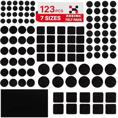 XEEINC set di 123 Feltrini Adesivi per Mobili Sedie, Feltrini per Sedie Rotondi Quadrati, 3mm di spessore, con 7 taglie, Antiscivolo, Feltrini per Mobili Pesanti - Nero