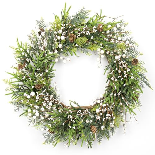 VioletEverGarden Künstliche Weihnachtskränze, 55,9 cm Weihnachtskranz für Haustür, großer Winterkranz mit Tannenzapfen und weißen Beeren für den Innen- und Außenbereich, Urlaub, Weihnachten,