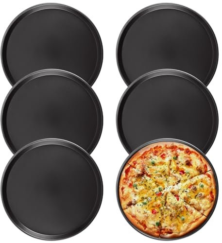 APACALI 6 bandejas redondas para pizza de 30 cm, bandeja redonda de acero inoxidable, molde para pizza con revestimiento antiadherente, color negro, bandeja para hornear pizza, bandeja redonda para