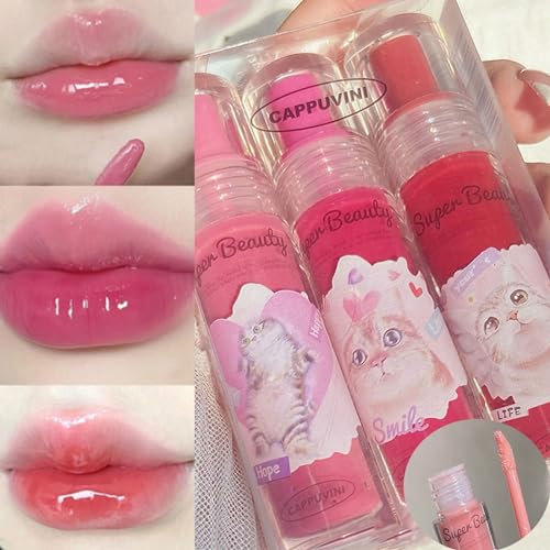 Domality 3 Farben Feuchtigkeitsspendendes Lipgloss Set mit Kitty Paket, 3 Teiliger Flüssiger Lippenstift mit Glänzendem Glanzfinish, Lang Anhaltender Wasserfester, Nicht Verblassender Lip Tint Stain