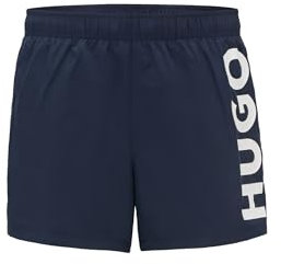 HUGO Herren ABAS Schnell trocknende Badeshorts mit vertikalem Logo-Print Dunkelblau L