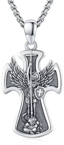REDSUN Saint Michael Halskette 925 Sterling Silber Kreuz Jesus Schutzengel Kreuz Kette Heiliger Michael Kette Religiöser Amulett Schmuck Geschenk für Ehemann, Sohn, Bruder