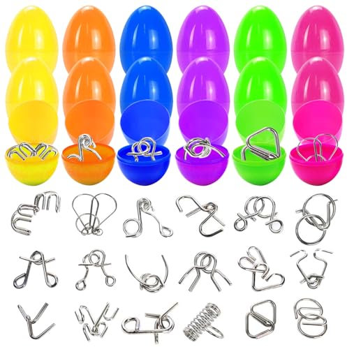 18 Stück Ostereier Gefüllt mit 3D Puzzle Spielzeug Set, Metall Ostereier Spielzeug Set, Knobelspiele Geduldspiele Metallpuzzle Erwachsene Kinder, Ostereiersuche, Oster Körbchenfüller Geschenk Party