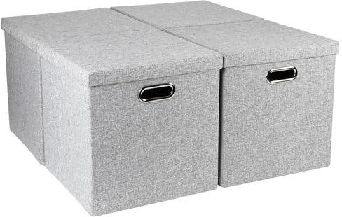 BinWhiz 4 Stück Aufbewahrungsbox mit Deckel, Faltbare Ordnungsboxen Stoff, Stoffbox mit Griffe, Schrank Organizer, Aufbewahrung für Kallax Regal Faltboxen, 33 x 33 x 33 cm (Grau)