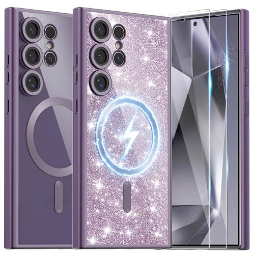 Ethanger Coque pour Samsung Galaxy S24 Ultra 5G avec 2×Verre Trempé [Compatible Magsafe] [Carte à Paillettes et Dragonne] Transparente Silicone Mat - Titan Violet