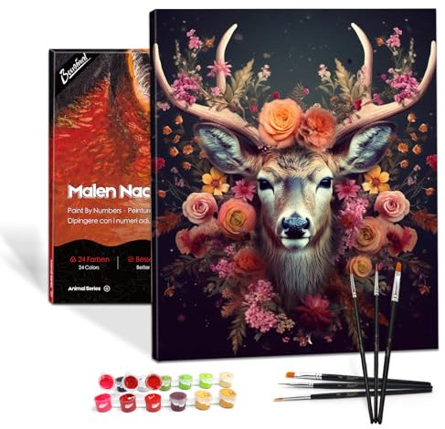 Bougimal Peinture par Numéros Animaux Adultes Cadre Rigide Avec Pinceaux et Peinture Acrylique - 40 x 50 cm, Avec Cadre Fleur et Cerf 1