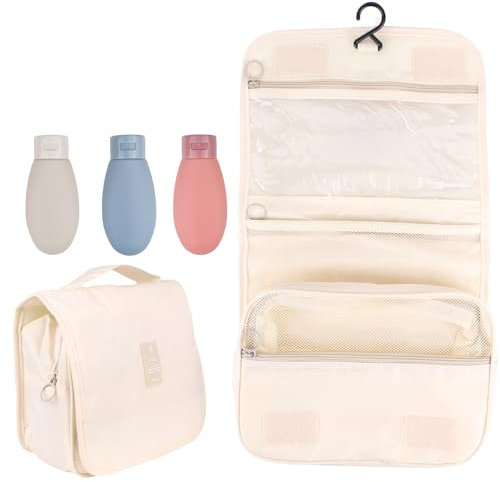 Pakana® Neceser de Viaje con Botes Reutilizables de Regalo - Neceser Hombre y Mujer- Neceser Cosmeticos - Neceser colgable (Solido - Beige)