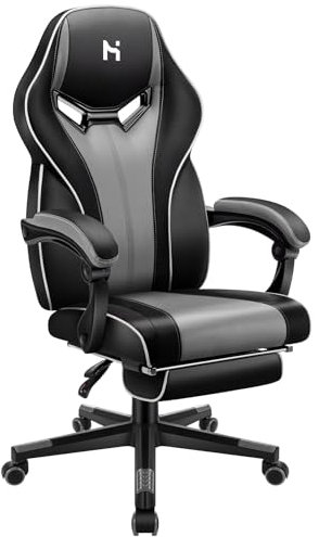 HLONONE Gaming Stuhl, Bürostuhl mit Armlehnen und Fußstütze, Ergonomischer Gamer Stuhl, Höhenverstellbarer PC Stuhl, 90-135° Verstellbare Rückenlehne, 150 kg Belastbarkeit, Schwarz-Grau