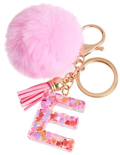 Vorysum Porte-clés rose avec initiale lettre porte-clés boule de poils porte-clés fille initiale cadeau gland or -porte clef femme
