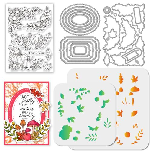 GLOBLELAND Herbst Eckschilder Stamps Stanzschablone für die Kartenherstellung Geometrischer Silikonstempel Stanzschablone Kürbisblätter PET Malschablonen Für DIY Scrapbooking Bastelalben Zubehör