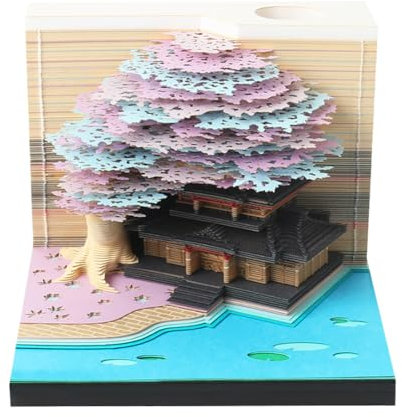 3D Notizblock, Tischkalender 2025 mit LED und Stifthalter, 3D Kalender, 3D Notizblock Baum Wochenkalender Tagesabreißkalender, Schreibtisch Deko (lila Baum mit LED)