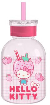Silver Buffalo Hello Kitty Milchflasche aus Glas mit Strohhalm, Erdbeerkopf, 425 ml