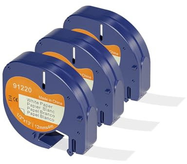 3 x Veson compatible avec Dymo Paper White 12mm x 4m, compatible avec la bande adhésive LetraTag 91220 pour Letratag LT-100H, LT-100T, LT-110T, QX50, XR, Papier D'étiquetture Noir sur Blanc