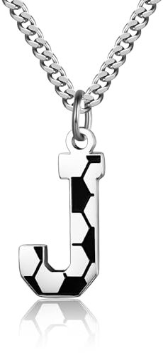 Maynor Football Star Necklace Gifts for Boys,J Initial Pendant Necklace, 50cm+5 Adjustable Silver Stainless Steel Cuban Chain for Men, Champions League Jewelry Gift for Football Fans