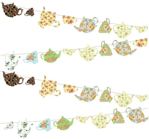 Vobumix Tea Party Paper Hanging Banner Teapot Banner Bunting Decorations Pre-strung Garden Teapot Banner for Tea Party Bridal Shower Birthday Party