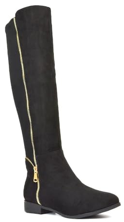 ESSEX GLAM Women's Knee High Boots Ladies Black Faux Suede Stretch Calf Leg Deco Zip Flat Low Heel Biker Riding Long Shoes Size 5