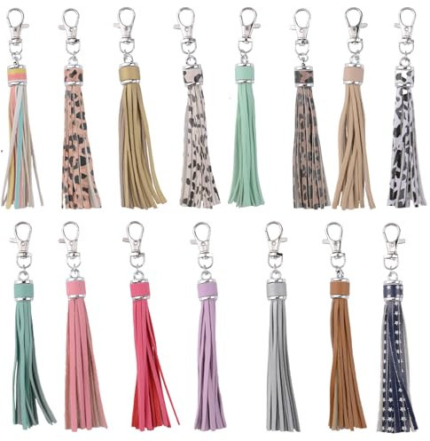 URROMA 15 Stück Bunte Kunstleder Quaste Anhänger mit Silber Karabinerverschluss - DIY Schlüsselanhänger und Handwerk Tasche Dekoration - Moderner Hängender Schmuck für casual und Geschenke