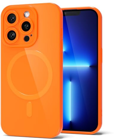 Svanove for iPhone 13 Pro Max Phone Case Silicone Magnetic, Compatible with Magsafe Case Cute for Women, Girly Bright Color Glossy Jelly Thin Slim Hard Mag Safe Rubber & Camera Cover, Neon Orange