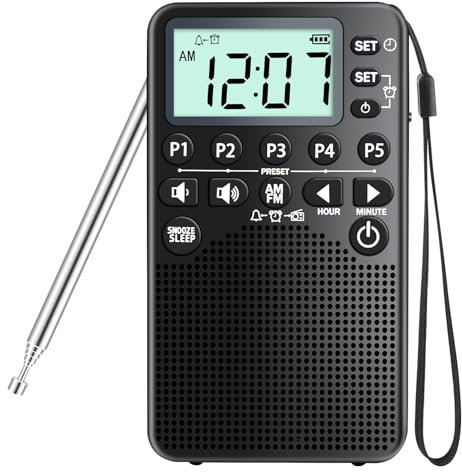 Radio AM/FM portátil de bolsillo que funciona con pilas, sintonización digital, altavoz fuerte, excelente recepción, radio portátil de emergencia y exterior con pantalla LCD, reloj despertador