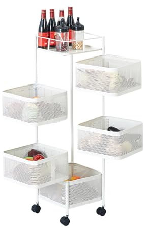 Rollwagen Metall KüChenwagen Mit Rollen, 360° Drehbares GemüSeregal Trolley, Aufbewahrungswagen Obstwagen Aufbewahrungsregal, KüChenregal Organizer Für KüChe Badezimmer Kinderzimmer (5 FäCher Rund)