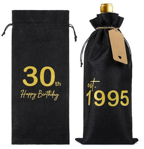 BETESSIN 30th Birthday Gifts - Decorative Drawstring Wine Gift Bag with Tag 1995 Years Wine Bottle Bag for Friend Wife Husband Dad Mum Coworker Sister