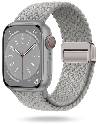 ONEFLOW Casual Loop Kompatibel mit Apple Watch 7 (45mm) Geflochtenes Armband Elastisch, Textil iWatch Armbänder Damen Herren, Sport Nylon Stoff Band Verschluss Magnetisch, Hellgrau