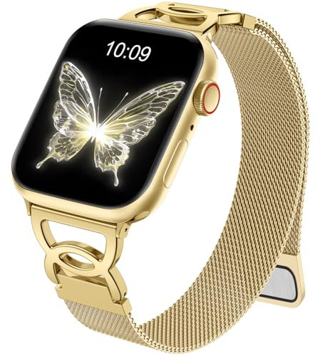 Mastten Schmal Metall Magnetisch Armbänder Kompatibel mit Apple Watch SE Armband 40mm 41mm 42mm 38mm, Elegant Edelstahl Metallarmband für iWatch Series SE 10 9 8 7 6 5 4 3 Damen Herren, Gold