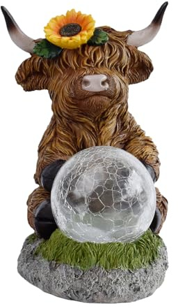 Sulxyi Highland Cow Solar Light, Solar Powered Highland Cow, Lamp Garden Ornament, 13x16x21cm, Ambient Lighting, Crackle Ball Light Effect, Ideal for Yard Patio Lawn Pathway