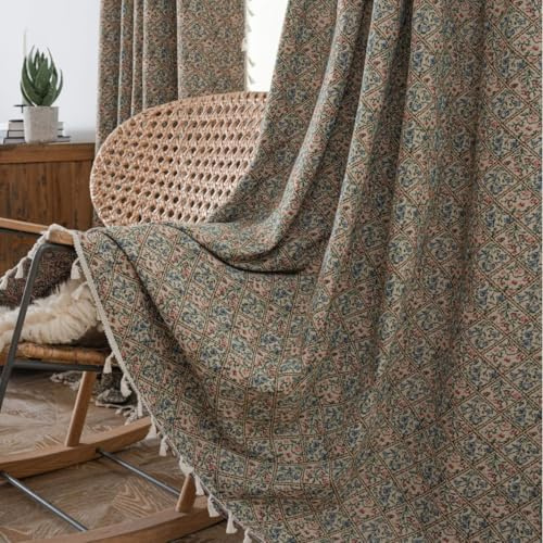 USTIDE Rustikaler Blumenvorhang 1 Paneele Vintage Halb Verdunkelungsvorhang, Jacquard Baumwoll-Leinen-Stoff, 150x160cm