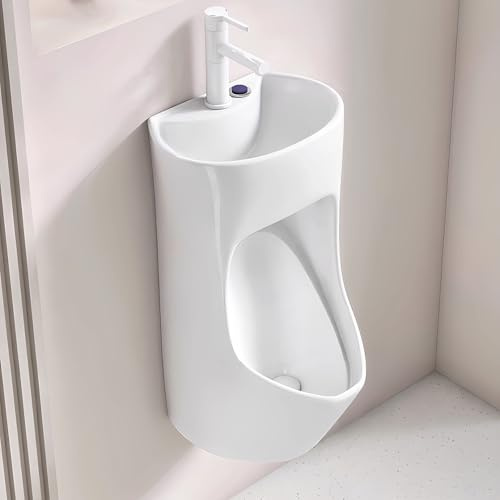 Urinoir mural en céramique avec lavabo intégré pour laver les mains, chasse d'eau manuelle et robinet extractible, idéal pour la maison et les espaces commerciaux