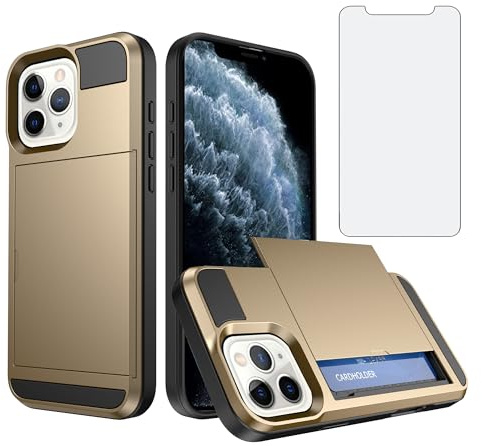 Asuwish Phone Case for iPhone 11 Pro Max 6.5 with Tempered Glass Screen Protector Cover and Card Holder Hybrid Full Body Protective Shockproof Cell Accessories iPhone11 11pro Promax i XI Plus Gold