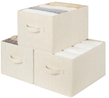 StorageWorks Storage Baskets for Shelves, Beige Cotton-Linen, 3-Pack | Foldable Fabric Storage Boxes, Bedroom Storage Baskets, Wardrobe Clothes Organiser, Closet & Nursery Boxes for Toys & Towels