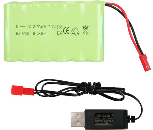 7.2V 2400mAh Ni-MH Battery with JST Connector & USB Charging Cable, AA NiMH Rechargeable Battery Pack for RC Vehicle Car Truck Crawler Tank Toy, RC Off-Road Vehicles
