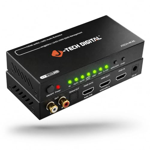 J-Tech Digital 4K HDMI eARC/ARC Audio Extractor, 4K 60Hz HDMI to Optical + RCA L/R Converter, Digital to Analog DAC Audio Converter for HDTV Laptop Blu-Ray Gaming Consoles [JTECH-4KAE]