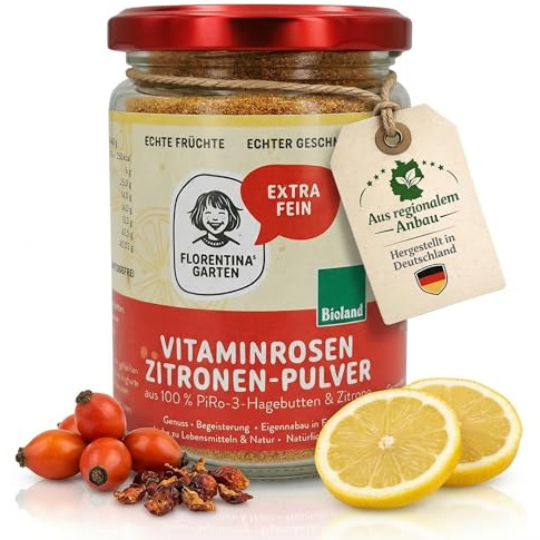Florentinas Garten Fruchtpulver Zitrone & Hagebutte | Bioland 180g | Ganze Bio-Frucht, unter 40 °C schonend getrocknet & fein gemahlen · natürliches Vitamin C
