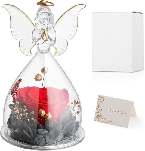 Anveltech Rose éternelle en Verre, Eternelle Rose,Ange Gardien avec Fleur éternelle Rouge, Cadeau pour Maman, Grand-mère, Anniversaire, Noël, Saint-Valentin, fête des mères