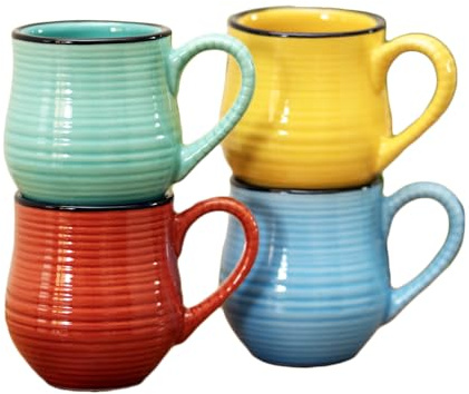 Darthome Ribbed Barrel Espresso Mugs Set of 4, 100ml Ceramic Coffee Cups, Multi-Coloured Stoneware