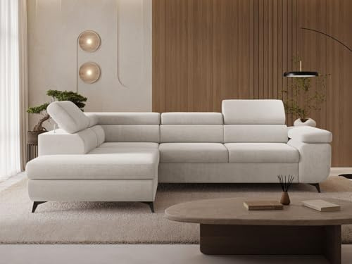 GRAINGOLD Argon L Ecksofa modern mit Bettfunktion, 255x190 cm, L-Form Sofa, Schlafcouch für Wohnzimmer, Velvet-Stoff, 4-Sitzer Eckcouch, Ecksofa mit Bettkasten (Hellbeige, Links)