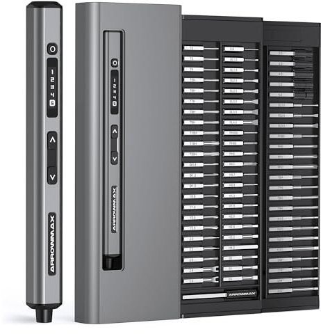 ARROWMAX Elektrischer Schraubendreher Set, 70-in-1 Feinmechanik Werkzeug, 5 Drehmomentstufen, 280 U/min, OLED-Display & 4 LEDs, Mini Akkuschrauber für PC, Laptop, Handy, Uhr & Drohne, SES ULTRA