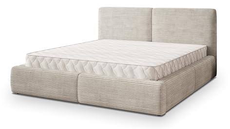 Masseno Polsterbett FELURO P 120x200 cm, Doppelbett, Bettkasten, Stauraum, Lattenrost Und Kopfteil - Creme, POSO 100