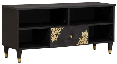Runheo Armario de TV con estante negro 100 x 33 x 46 cm madera maciza de mango, armario de alta fidelidad, armario de almacenamiento para salón, almacenamiento, cajón, gestión de cables