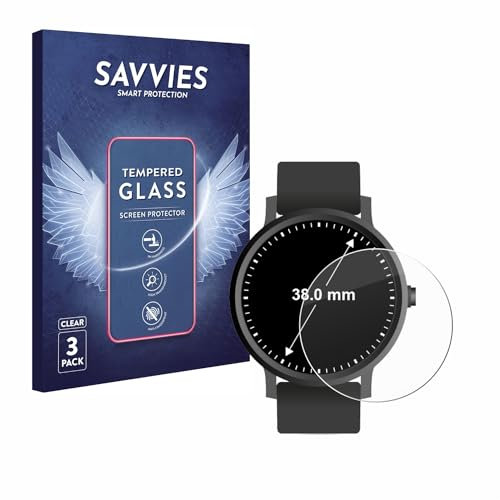 Savvies Panzer Schutz Glas für Armbanduhren (Kreisrund, ø: 38 mm) (3 Stück) 9H Hartglas, Anti-Fingerprint, Displayschutz
