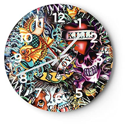 Modern Wanduhr Graffiti modern 40x40cm Rund Groß Wand Uhr Glas Analog Zimmeruhren Küche Büro Wohnzimmer Glasuhr Wall Clock Dekoration Design Wanddekoration Küchenuhr C4AR40x40-3759