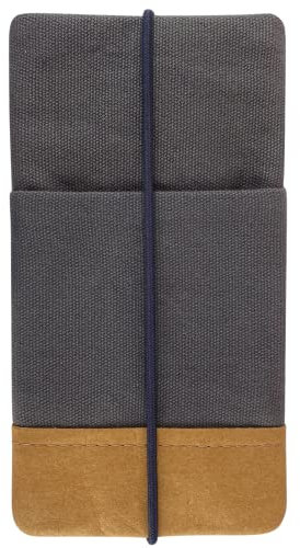 Kuratist Handy Tasche - Moin - Universell Kompatibel z.B. mit iPhone 16/15/14/13/12 - Handgefertigt aus Baumwoll-Canvas/Papierleder – Smartphone Hülle mit Gummiverschluss – Uni Grey