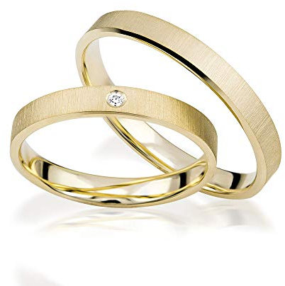JC Trauringe Gold 585 Paarpreis Matt I Traumhafte Eheringe 3 mm breit I Einzigartige Partnerringe Gelbgold mit Gravur in edler Schatulle I 2 Hochzeitsringe Herrenring & Damenring mit Stein I J181